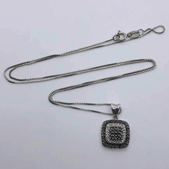 BLACK & White Diamond Sterling Silver Square Pendant w Chain 19” + .7” Total - Picture 3 of 9